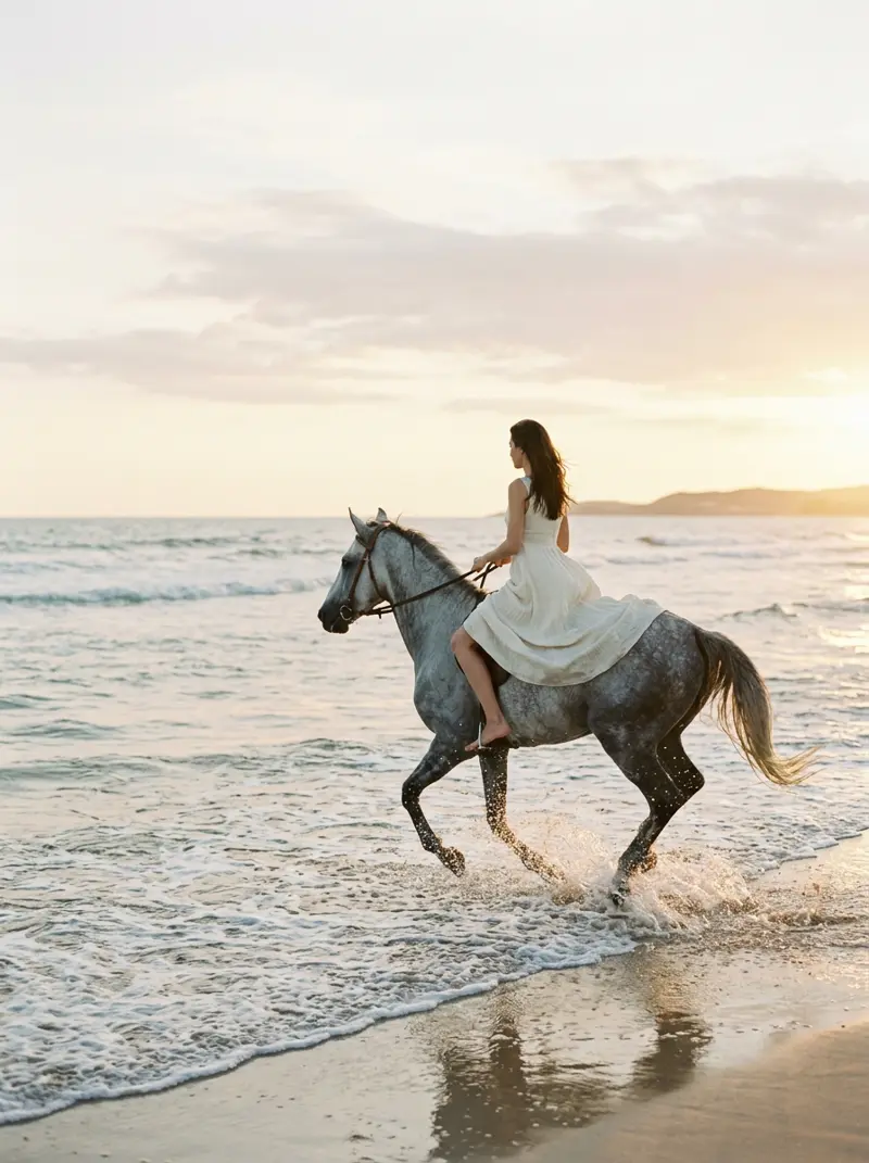 A rider in an ivory dress cantering through shallow surf